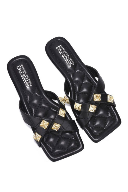 Alondra Spike Rhinestone Square Toe Sandals - Black