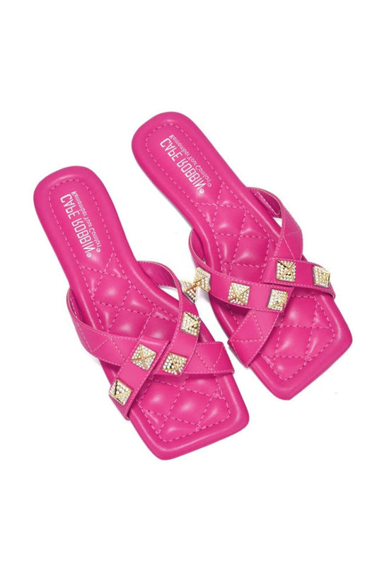 Alondra Spike Rhinestone Square Toe Sandals - Pink
