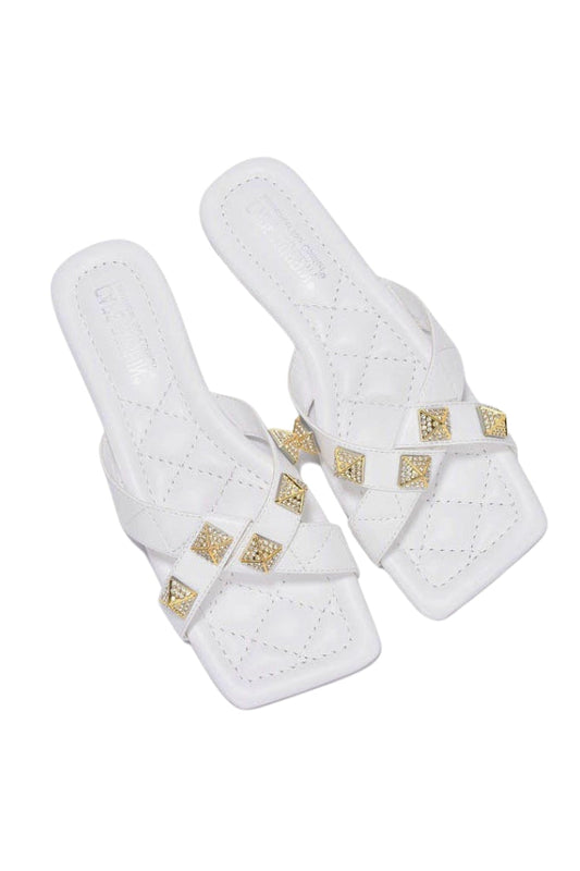 Alondra Spike Rhinestone Square Toe Sandals - White
