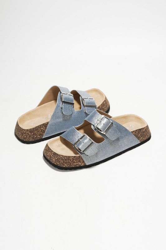 Alia Buckled Metallic Fiber Flatform Sandals - Silver