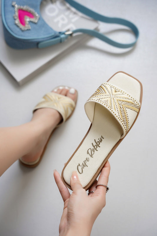 Anthe Rhinestone Embroidery Square Toe Slide Sandals - Beige